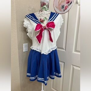 Dolls Kill White and Blue Sailor Dress with Pink Bow